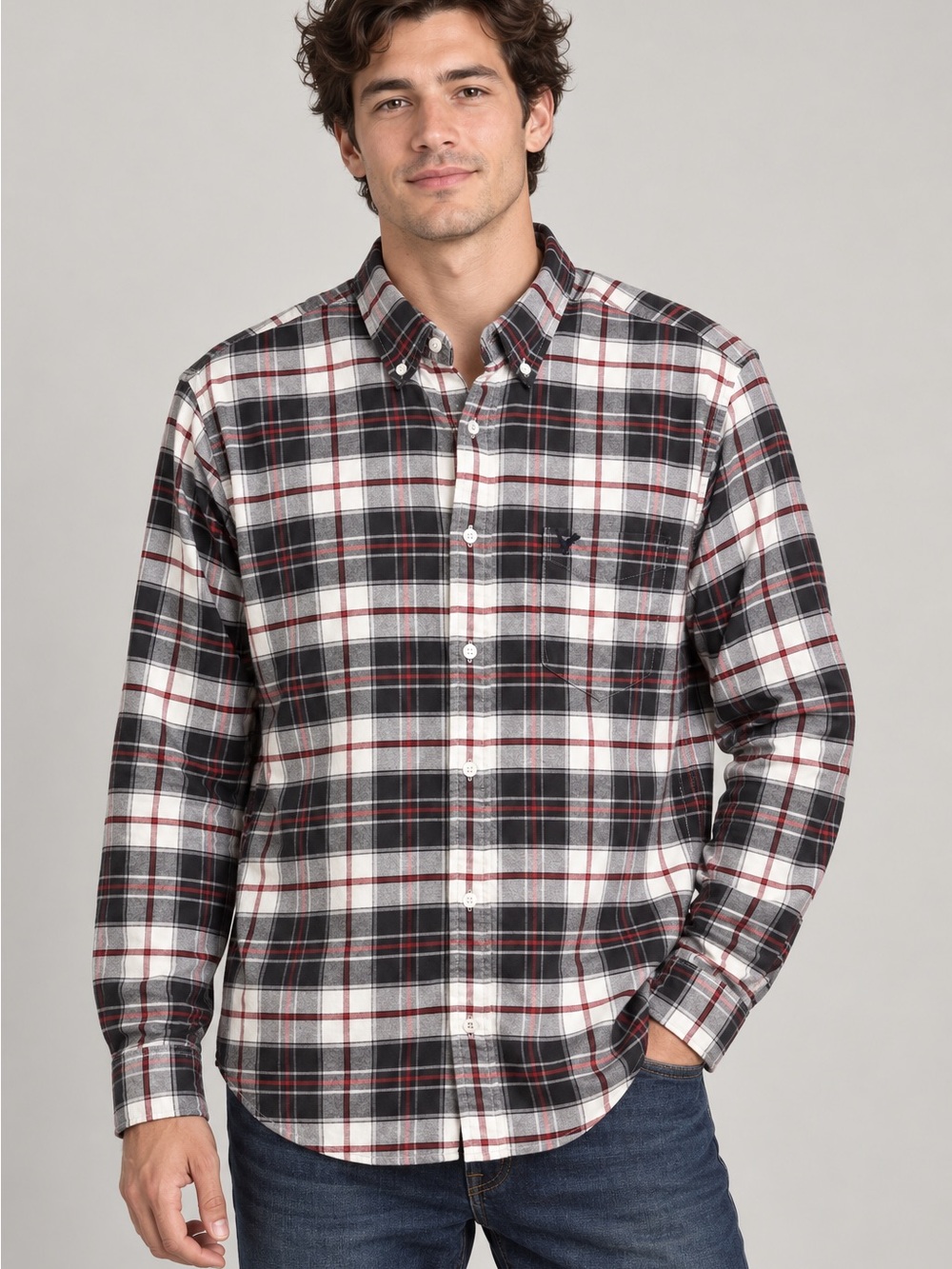 American Eagle Outfitters Men's Black, White & Red Plaid Button-Down Shirt Large